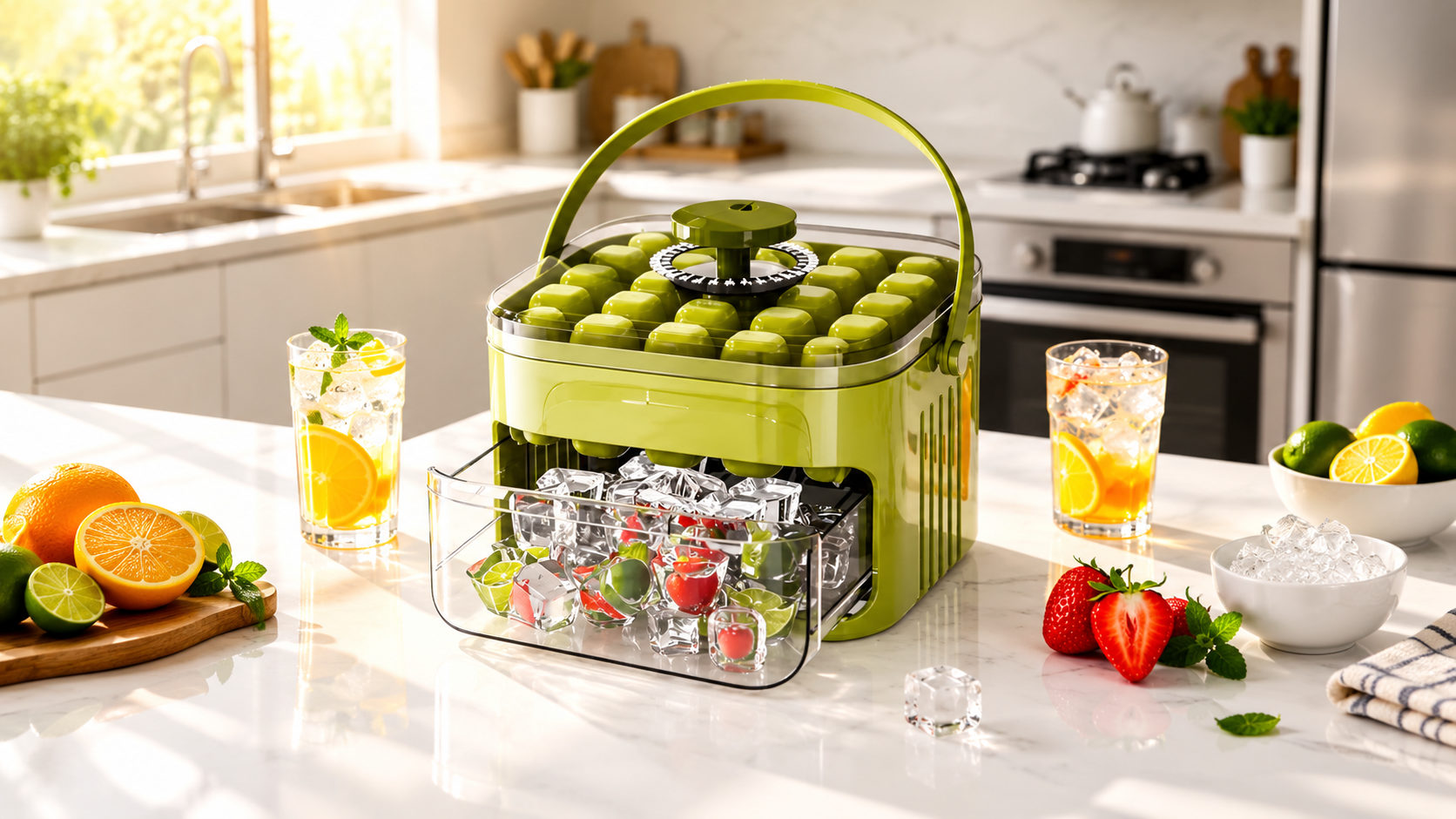 New Maven ice press on a sunlit kitchen counter with fresh citrus drinks